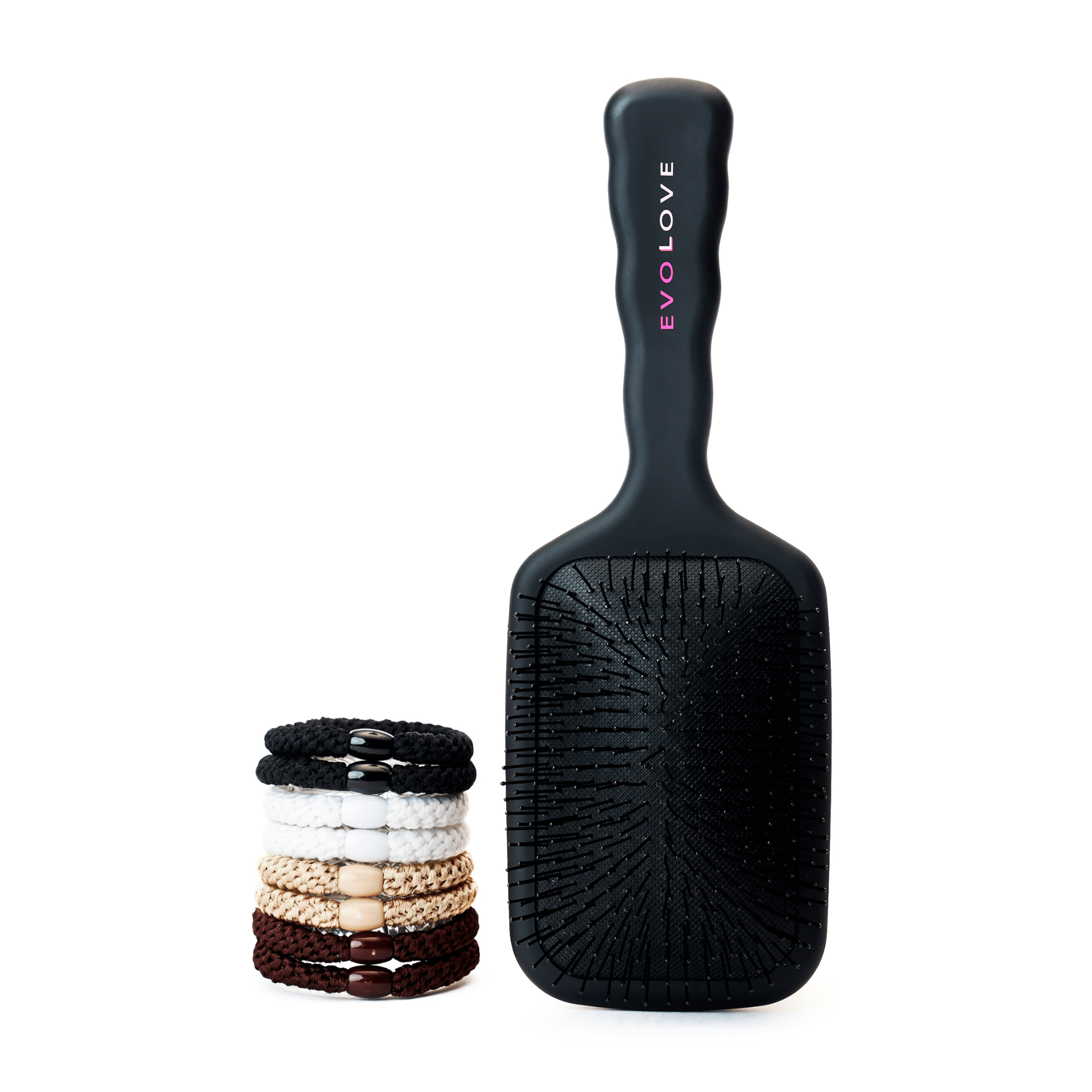 Hair brush and tie set for thick curly hair.